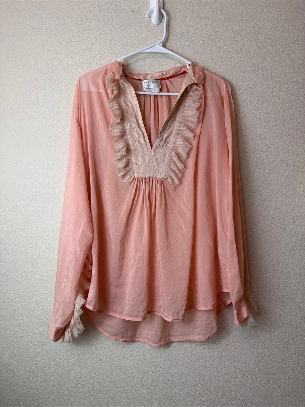 Forte Forte Peach Ruffle-Trim V-Neck Cotton/Silk Blouse Size L